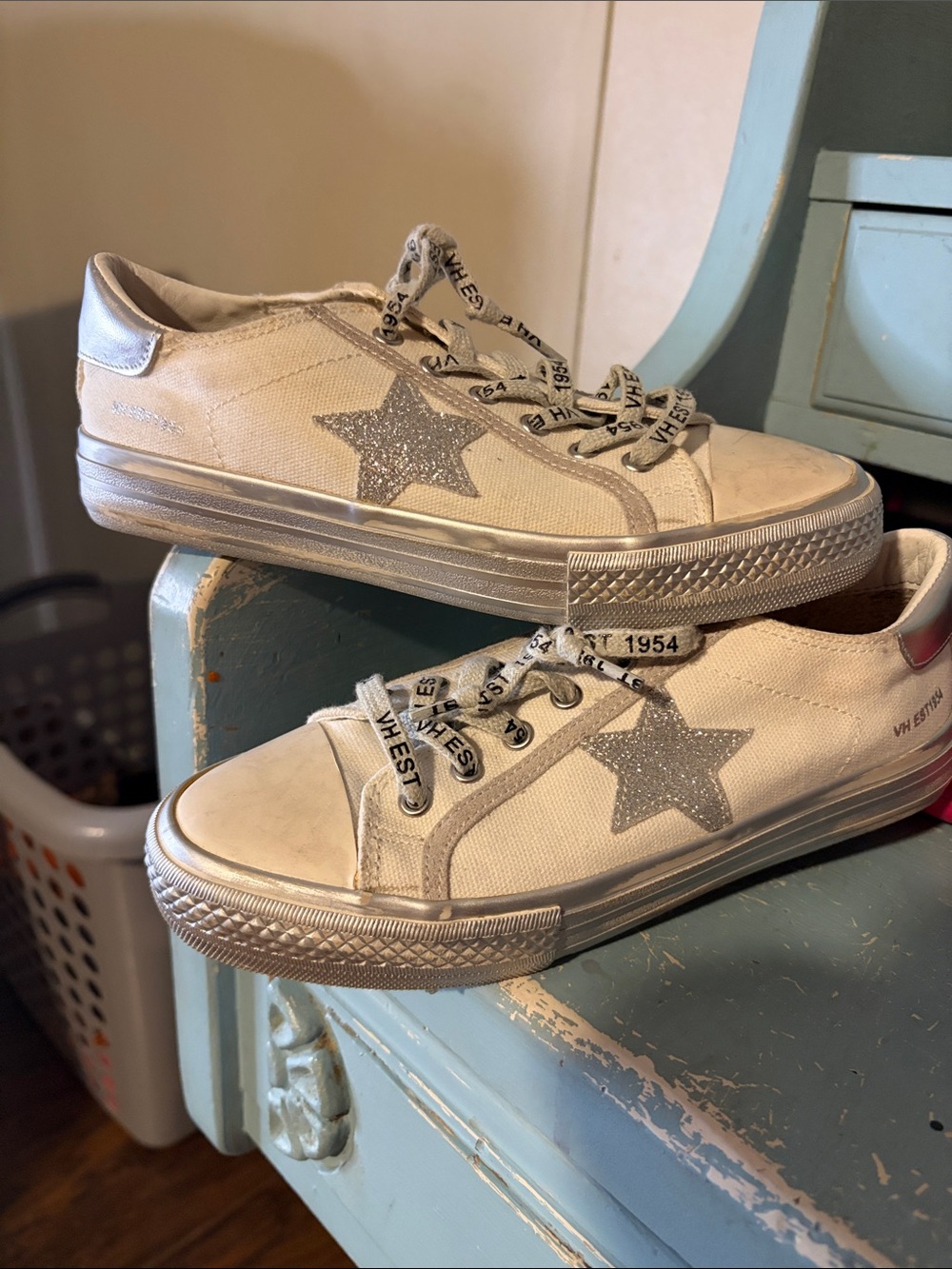 Women's White Canvas Sneakers with Silver Star Accent